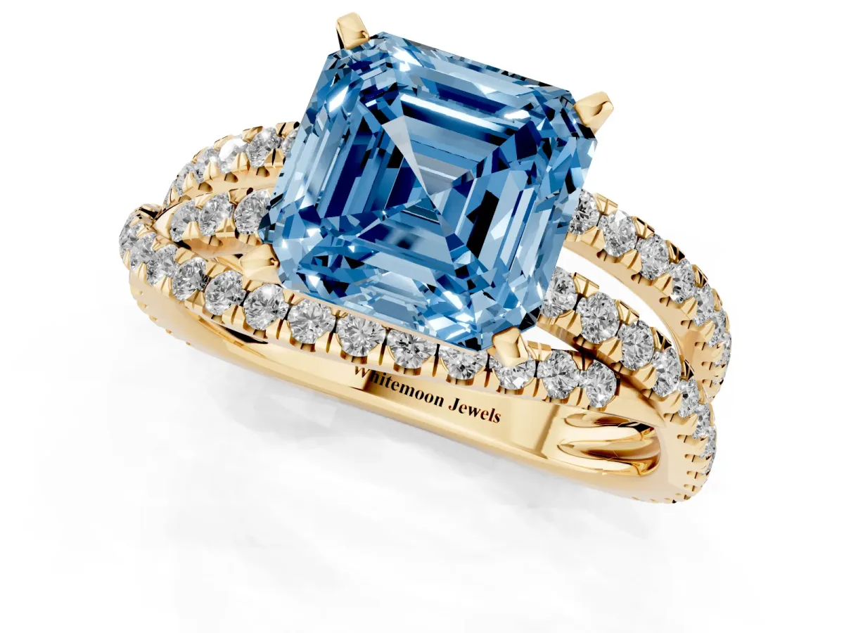 Fancy Blue Asscher Cut Solitaire Twist Band with Pavé Setting and Four-Prong Setting Yellow gold