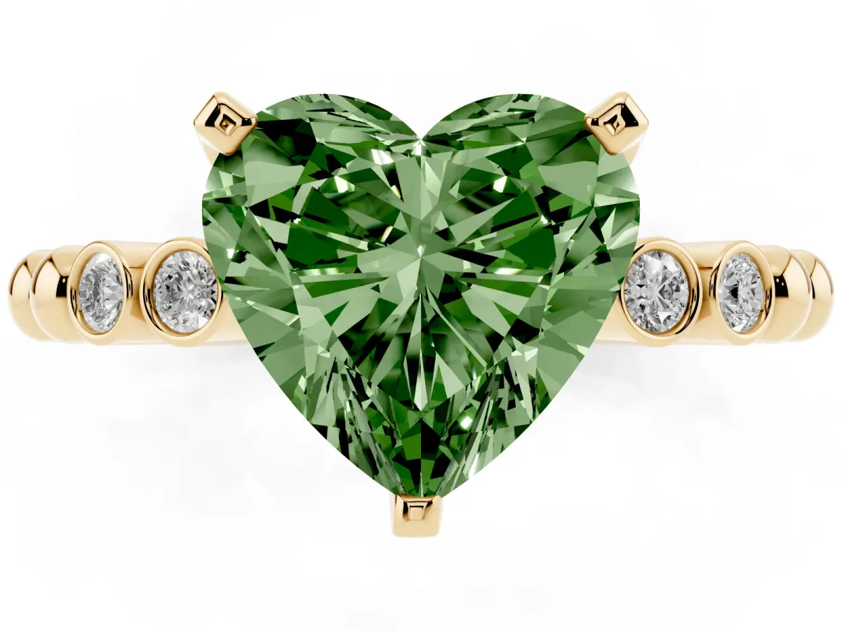Fancy Green Heart Cut Solitaire Bezel Accent Diamond Engagement Ring with Beaded Band and Four-Prong Setting Yellow gold