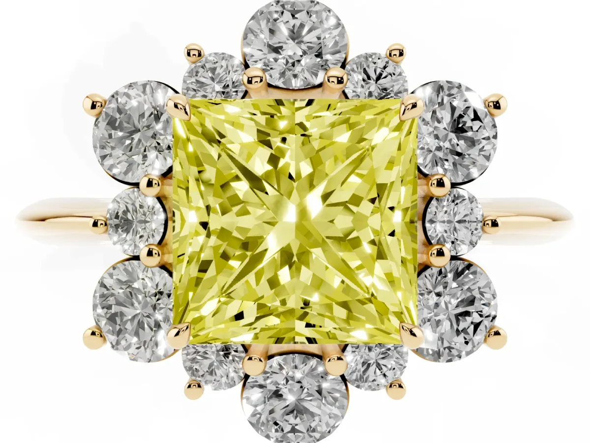 Fancy Yellow Princess Cut Diamond Cluster Halo Ring with Solitaire Band and Four-Prong Setting Yellow gold