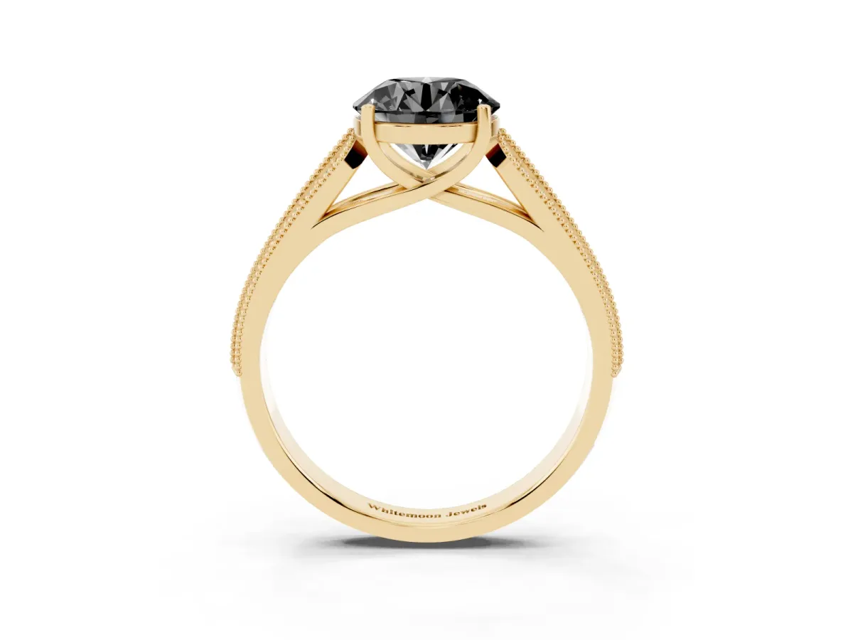 Fancy Black Round Cut Cut Pave Split Shank Engagement Ring with Four-Prong Setting Yellow gold