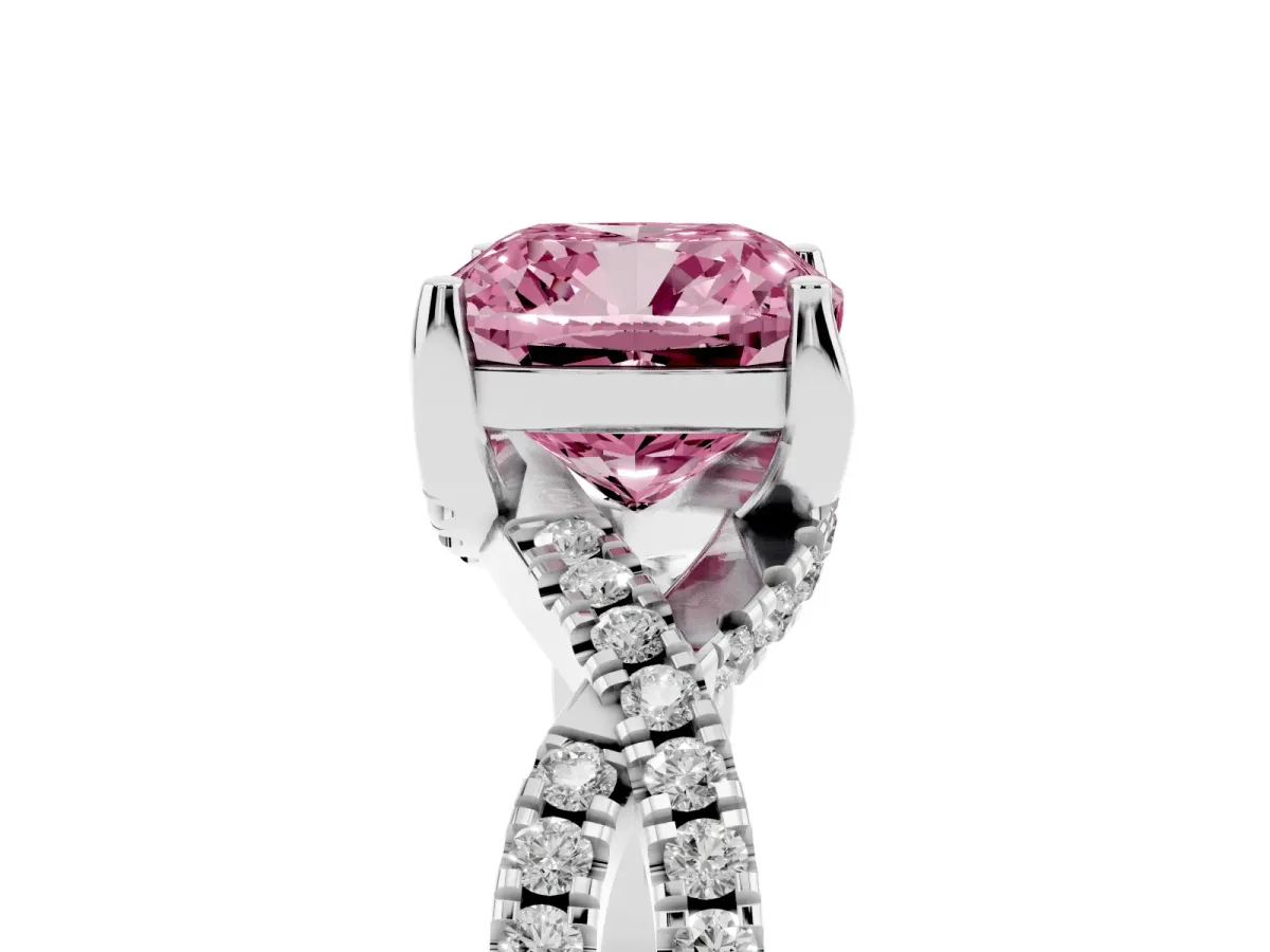 Fancy Pink Cushion Cut Solitaire Twist Pave Diamond Engagement Ring with Prong Setting Silver