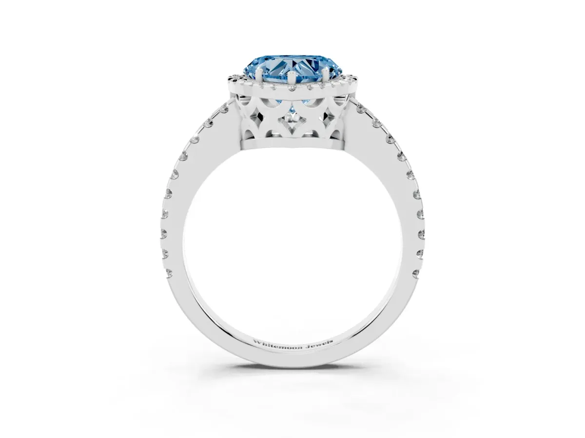 Fancy Blue Heart Cut Diamond Halo Engagement Ring with Pavé Band and Prong Setting White gold