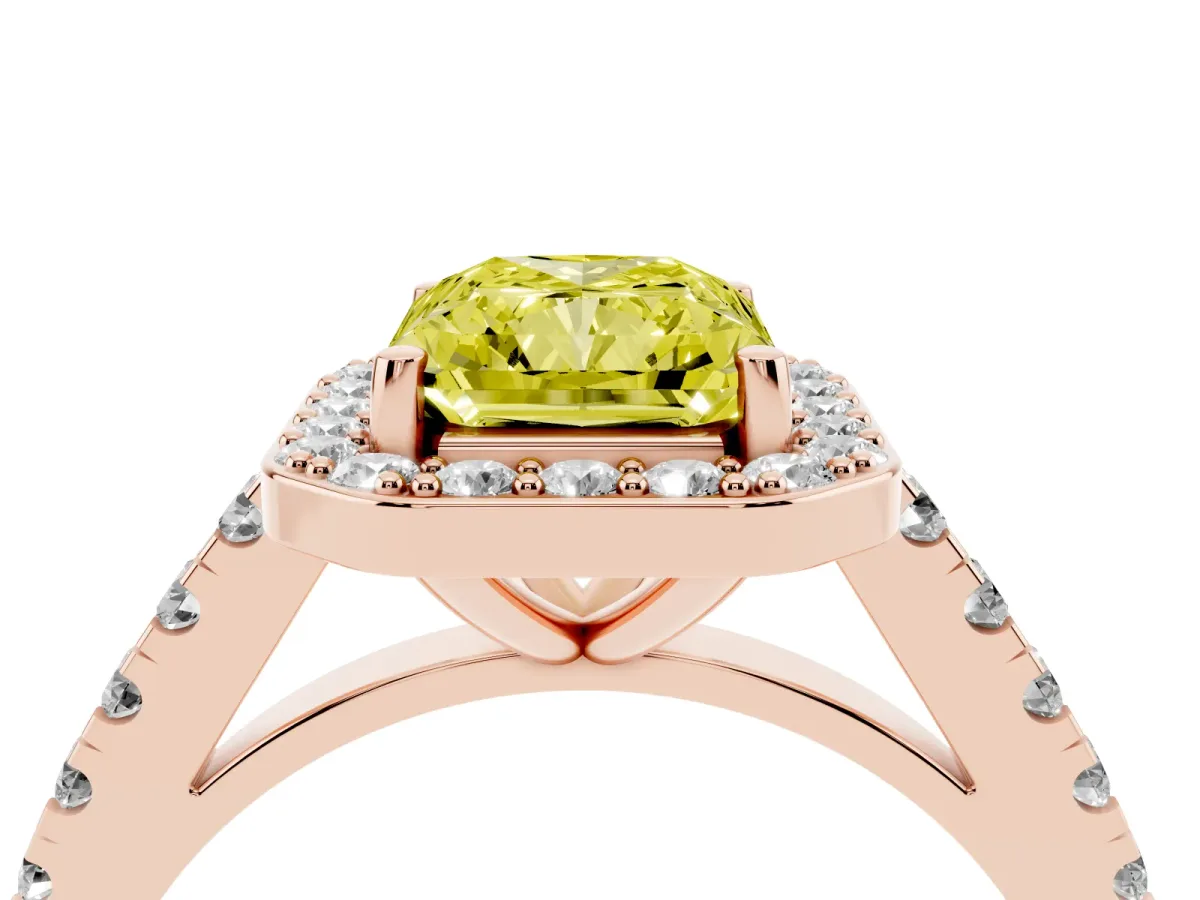 Fancy Yellow Radiant Cut Diamond Halo Ring with Round Pavé Split Shank and Prong Setting Rose gold
