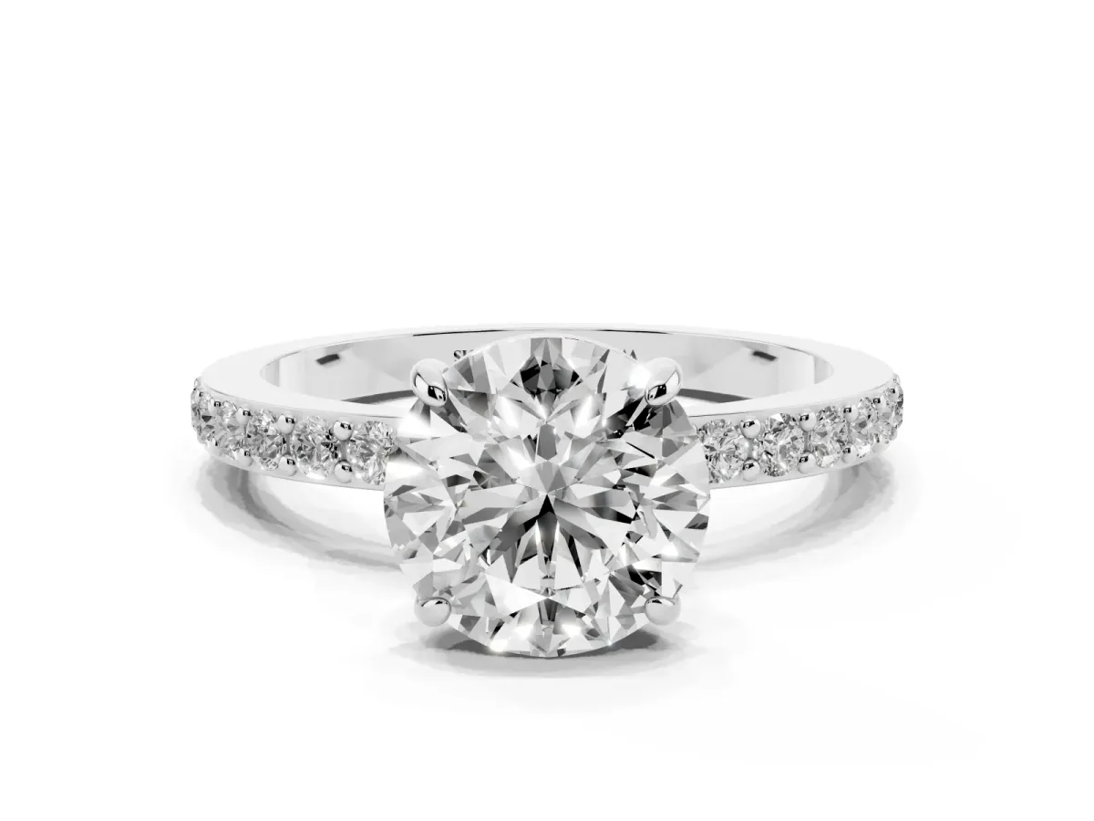 Round Cut Diamond Pavé Engagement Ring with Round Accents and Prong Setting Platinum