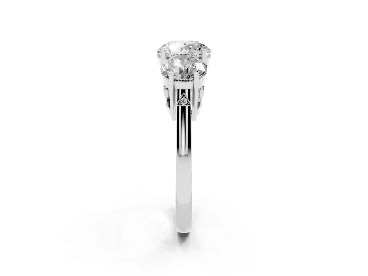 Three-Stone Round Cut Diamond Engagement Ring with Prong Setting on a Classic Band Silver