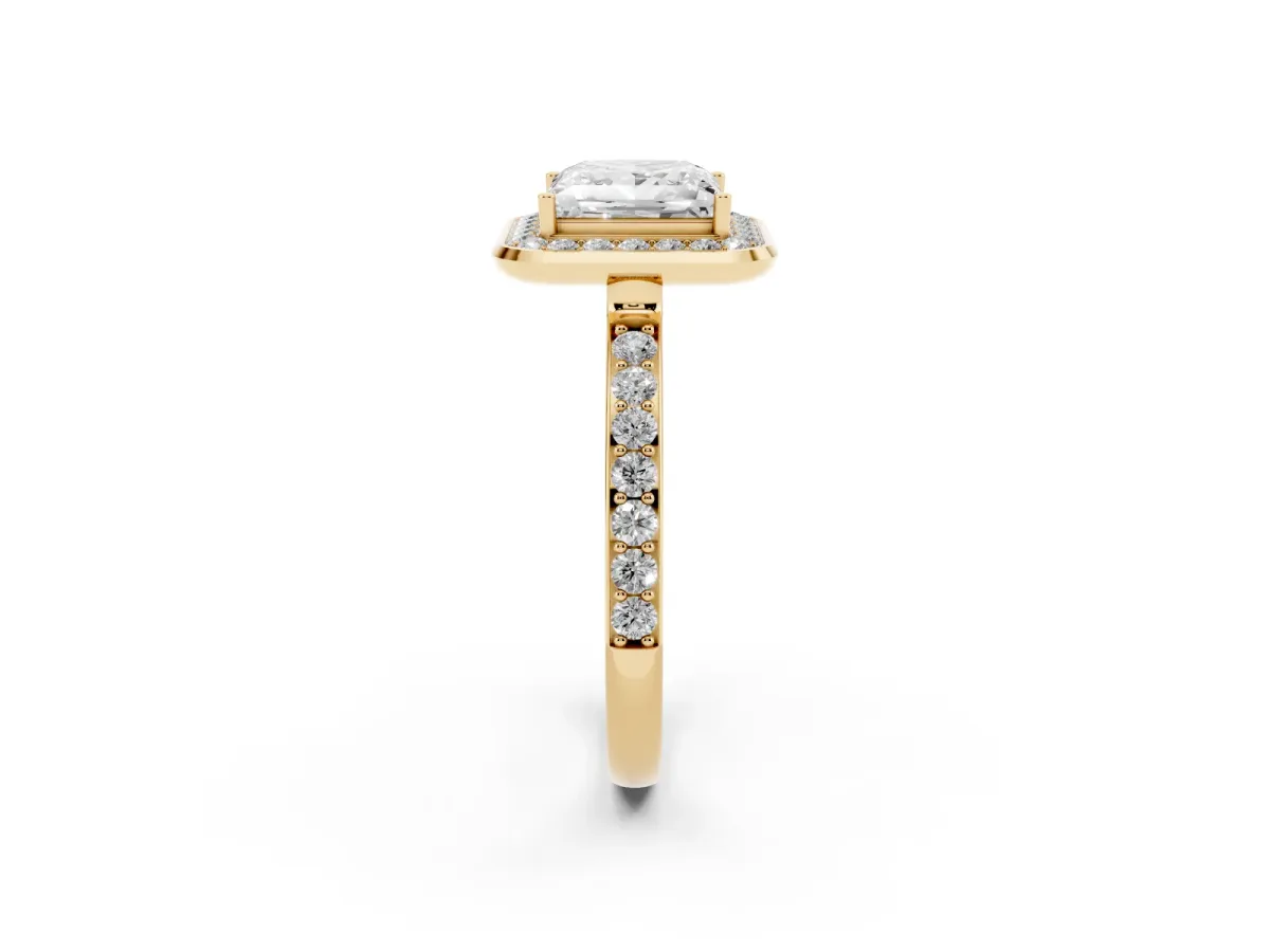 Princess Cut Diamond Halo Ring with Bezel Frame and Pavé Band Yellow gold