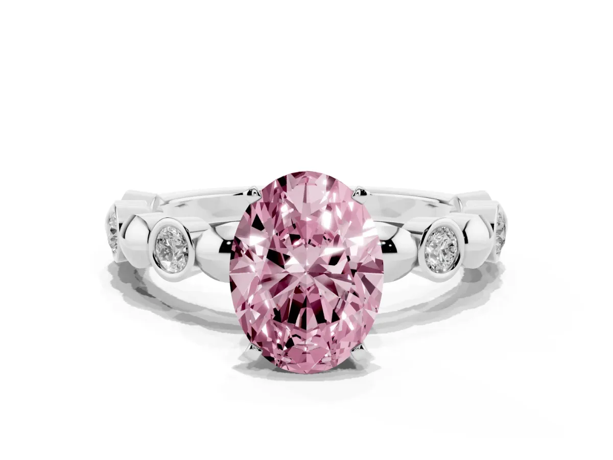 Fancy Pink Oval Cut Solitaire Bezel-Set Diamond Ring with Beaded Band and Four-Prong Setting Silver