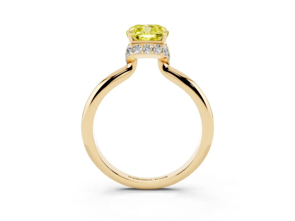 Fancy Yellow Cushion Cut Brilliant Solitaire Engagement Ring with Six-Prong Setting and Classic Band Yellow gold