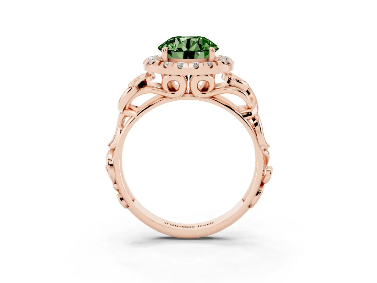 Fancy Green Round Cut Cut Halo Diamond Ring with Scrollwork Band and Four-Prong Setting Rose gold
