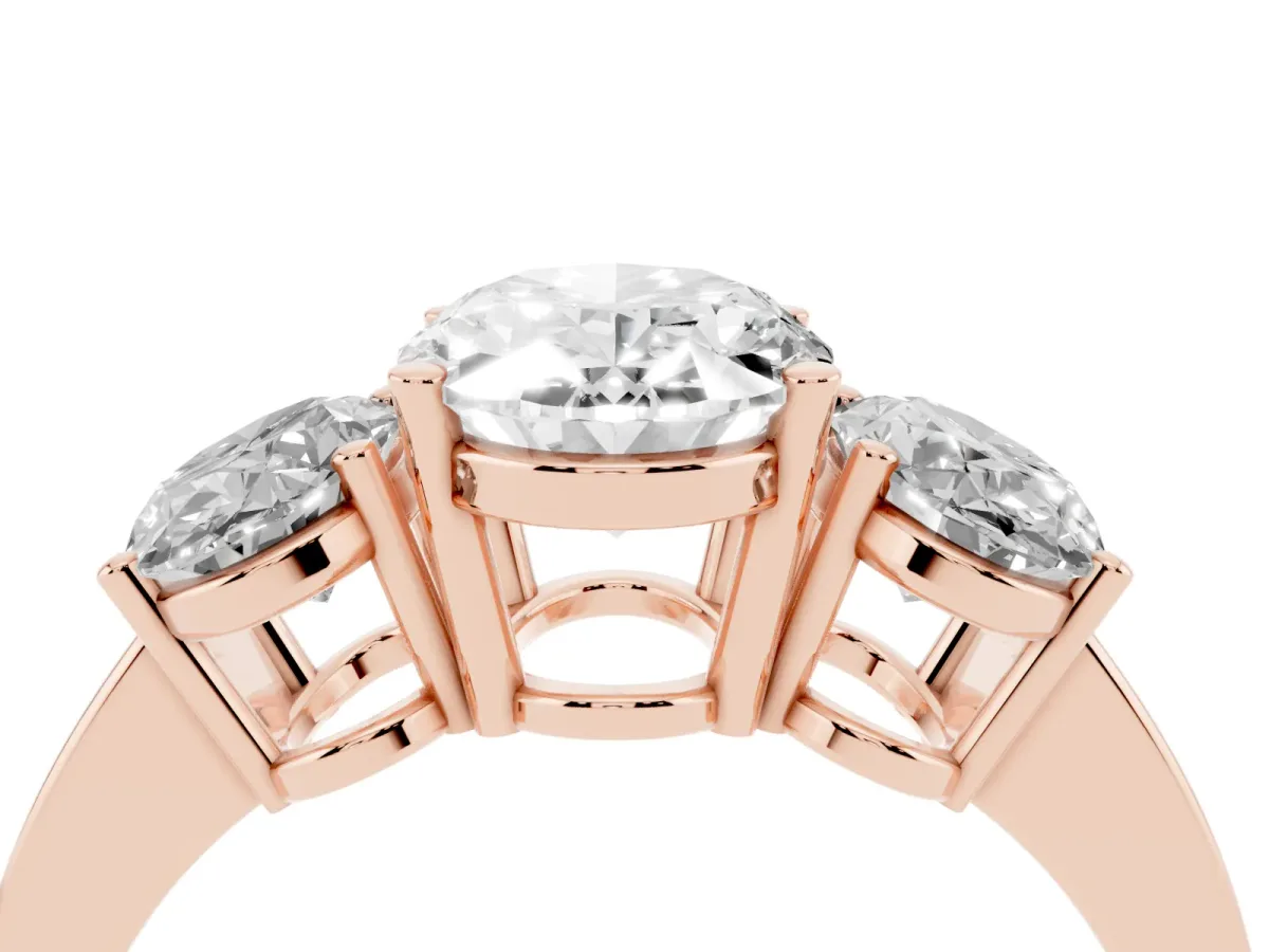 Three-Stone Oval Cut Cut Diamond Engagement Ring with Flat Band and Four-Prong Setting Rose gold