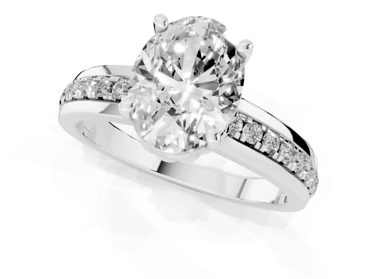 Oval Cut Solitaire Diamond Ring with Channel Set Band and Six-Prong Setting Silver