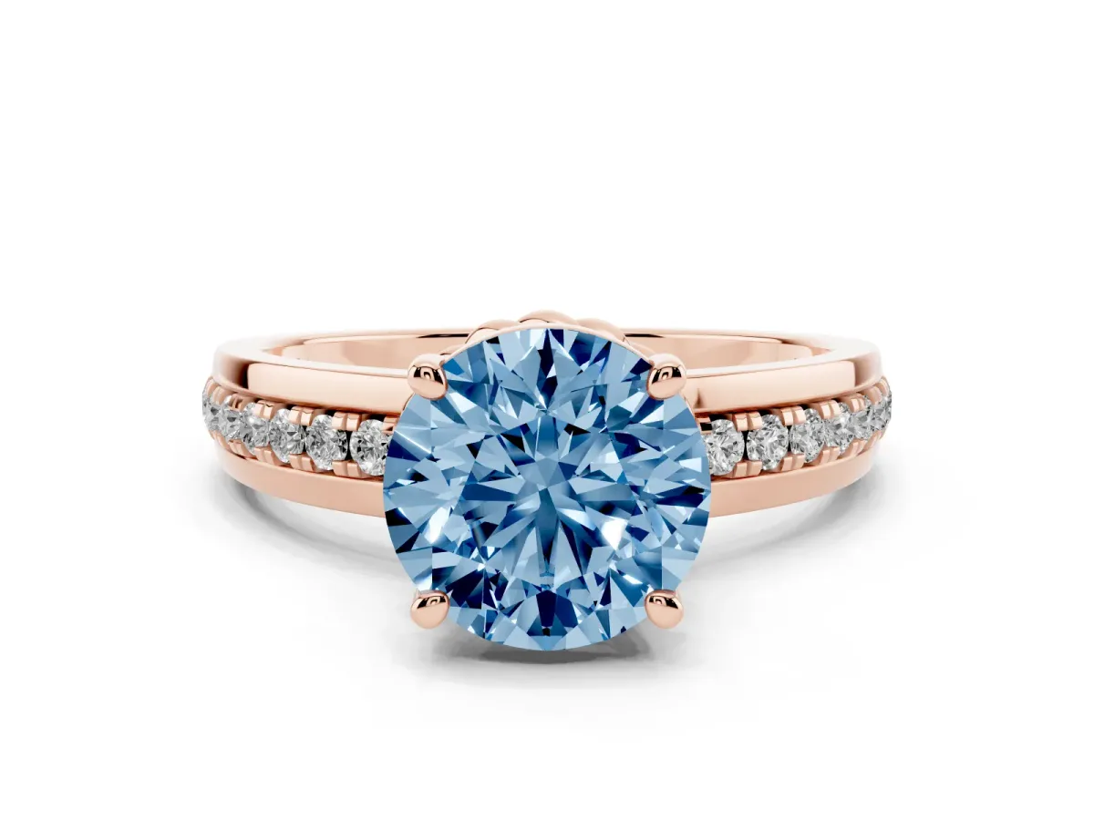 Fancy Blue Round Cut Solitaire Diamond Ring with Channel Set Band and Six-Prong Setting Rose gold