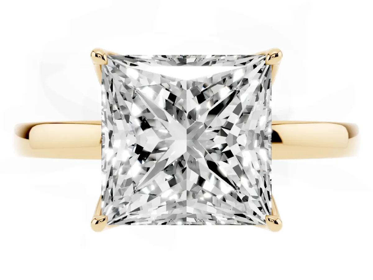 Princess Cut Diamond Solitaire Ring with Thin Band and Prong Setting Yellow gold