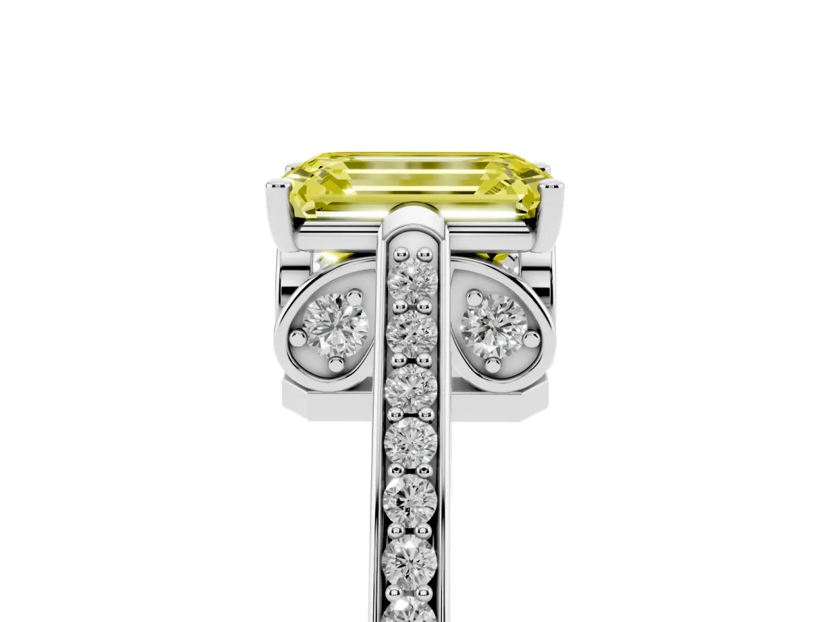 Fancy Yellow Emerald Cut Cut Cathedral Pave Diamond Engagement Ring with Six-Prong Setting Platinum
