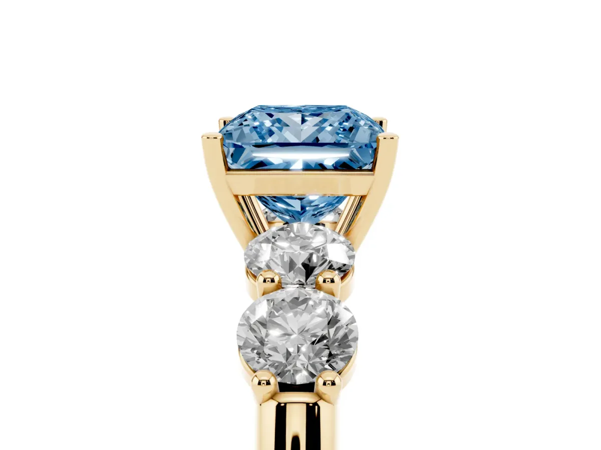 Fancy Blue Princess Cut Cut Five-Stone Prong Set Diamond Ring with Classic Band Yellow gold