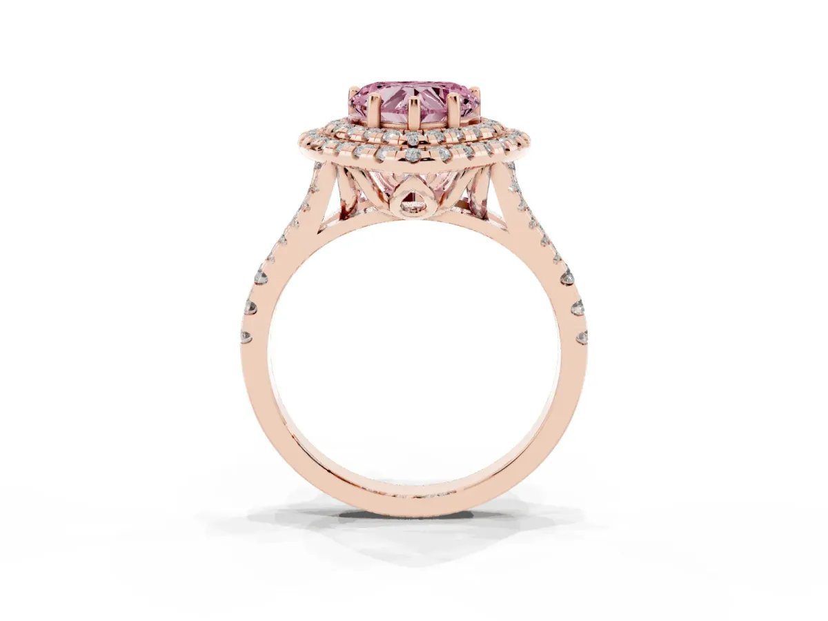 Fancy Pink Double Halo Heart Cut Diamond Pavé Split Shank Ring with Prong Setting Rose gold