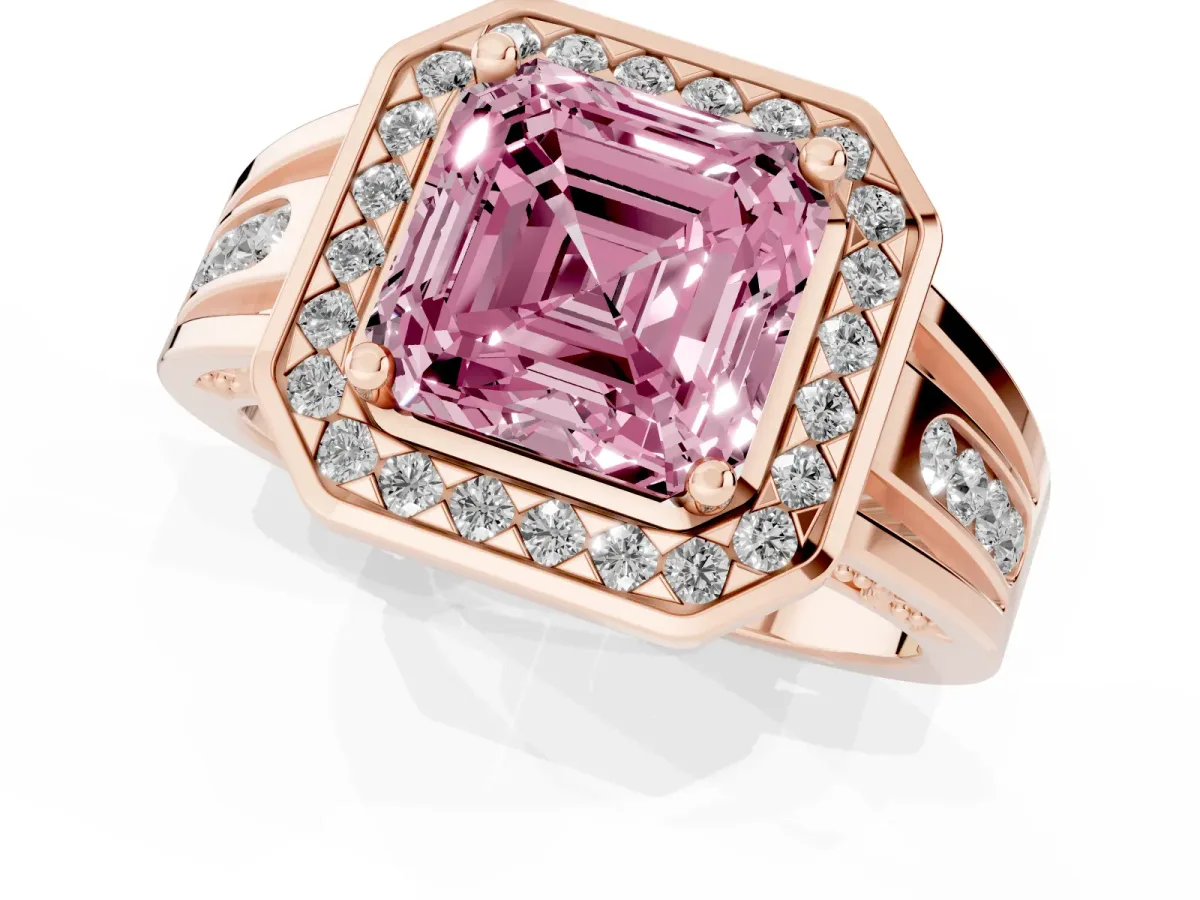 Fancy Pink Asscher Cut Diamond Halo Ring with Split Shank and Bezel Accents and Prong Setting Rose gold