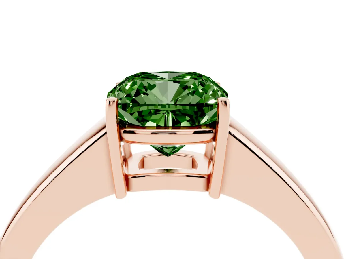 Fancy Green Cushion Cut Solitaire Diamond Ring with Tapered Band and Four-Prong Setting Rose gold