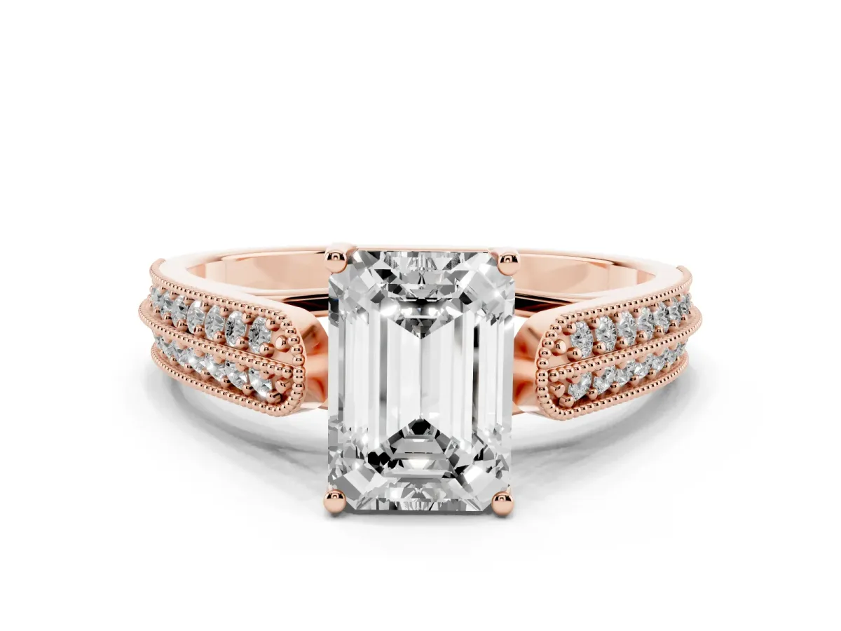 Emerald Cut Cut Pave Split Shank Engagement Ring with Four-Prong Setting Rose gold