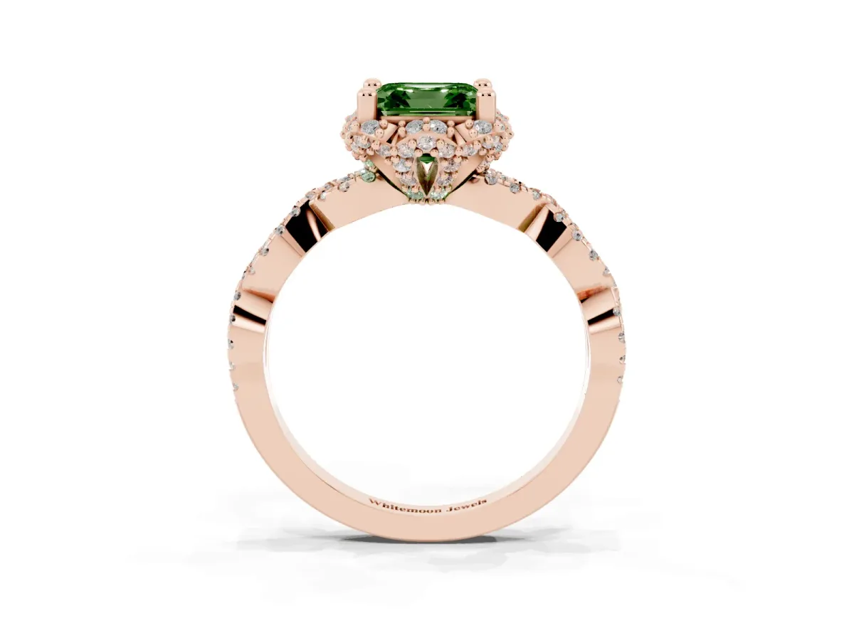 Fancy Green Asscher Cut Halo Twist Band Solitaire Ring with Six-Prong Setting Rose gold