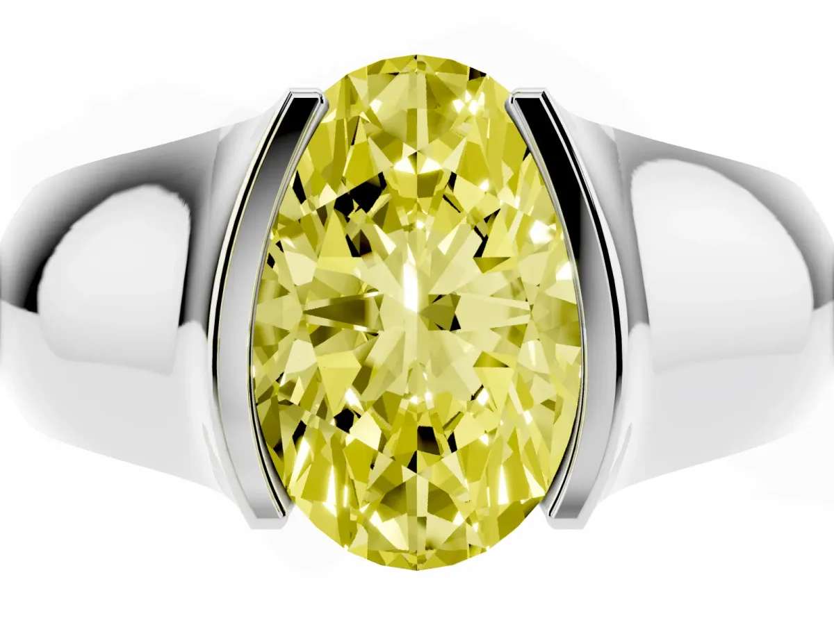 Fancy Yellow Oval Cut Solitaire Bezel Set Diamond Ring with Wide Band Platinum
