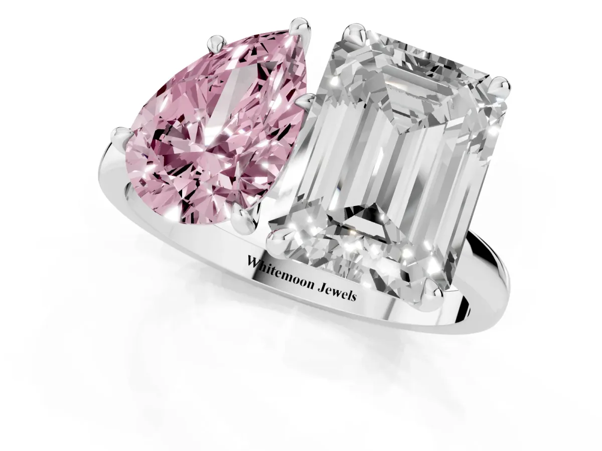 Fancy Pink Pear Cut and Emerald Cut Toi Moi Ring with Prong Setting Platinum