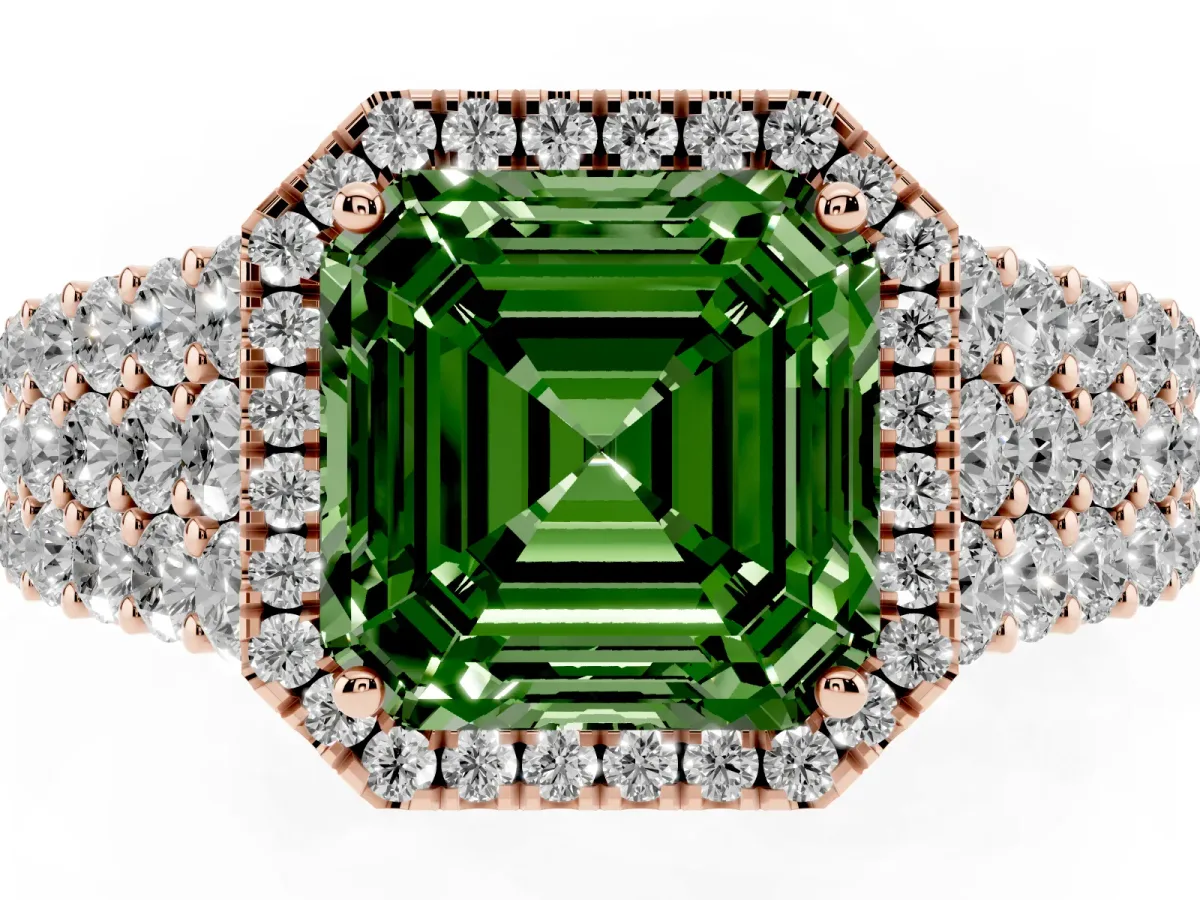 Fancy Green Asscher Cut Diamond Halo Engagement Ring with Triple Row Round Pavé Band and Prong Setting Rose gold