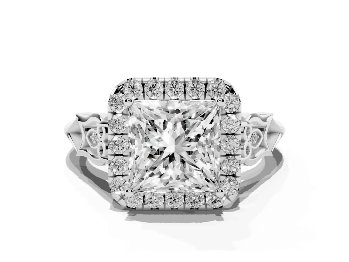 Princess Cut Halo Diamond Engagement Ring with Filigree Band and Four-Prong Setting Silver