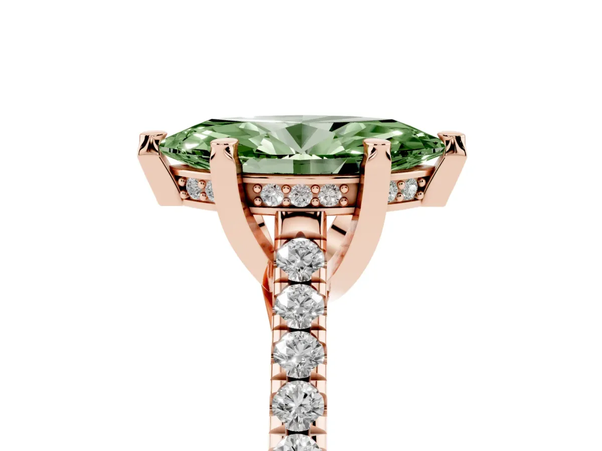 Fancy Green Marquise Cut Brilliant Diamond Solitaire with Pavé Band and Four-Prong Setting Rose gold