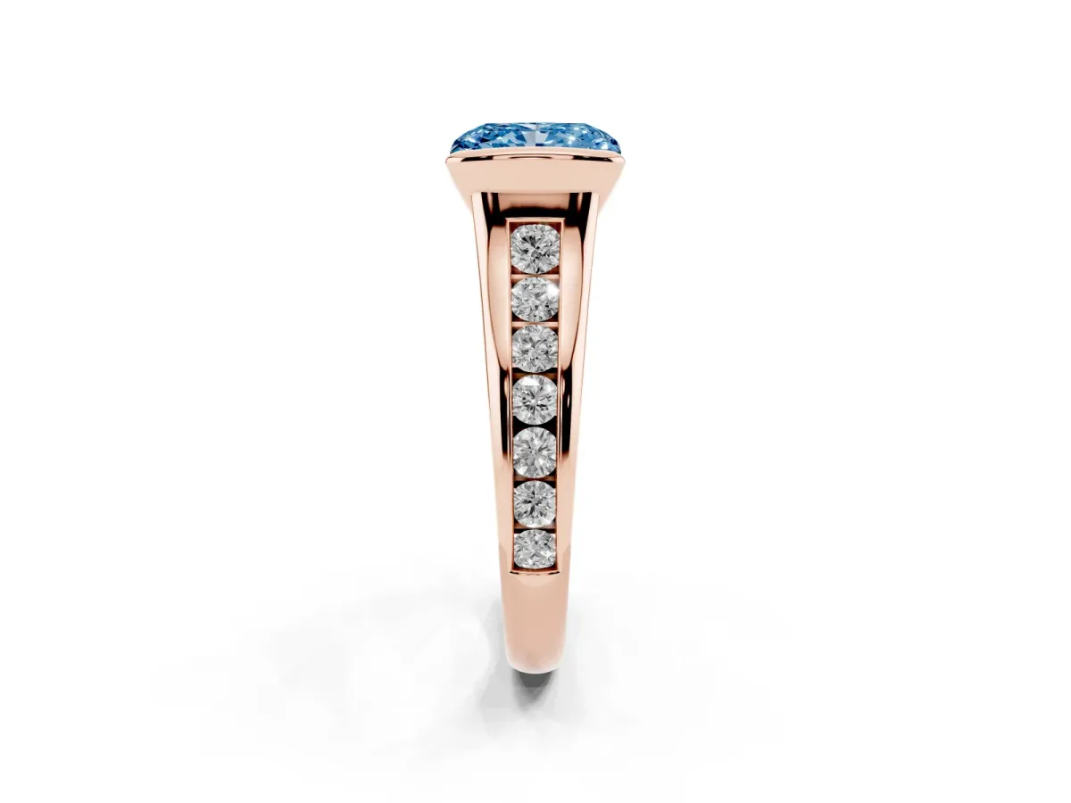 Fancy Blue Radiant Cut Solitaire Bezel-Set Diamond Ring with Channel-Set Band Rose gold