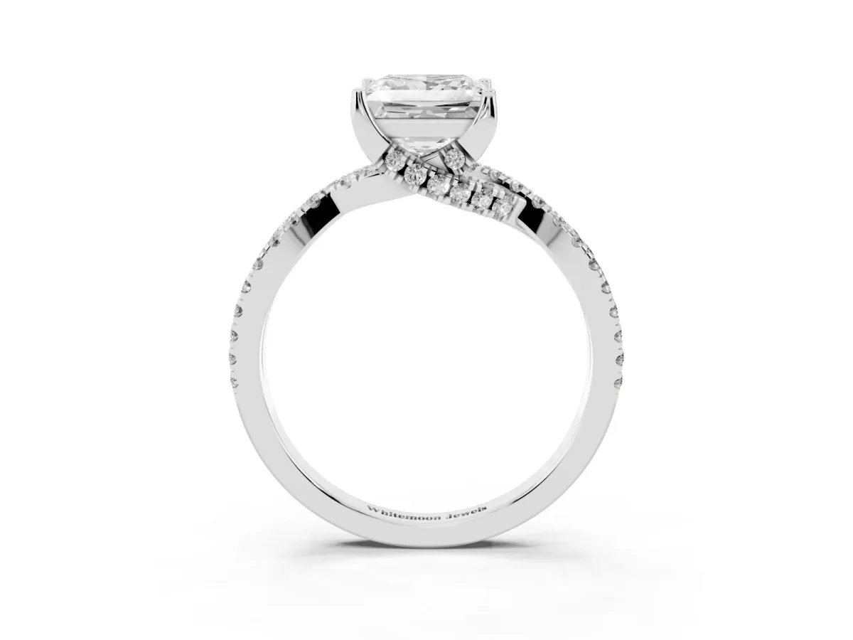 Princess Cut Solitaire Twist Pave Diamond Engagement Ring with Prong Setting Silver