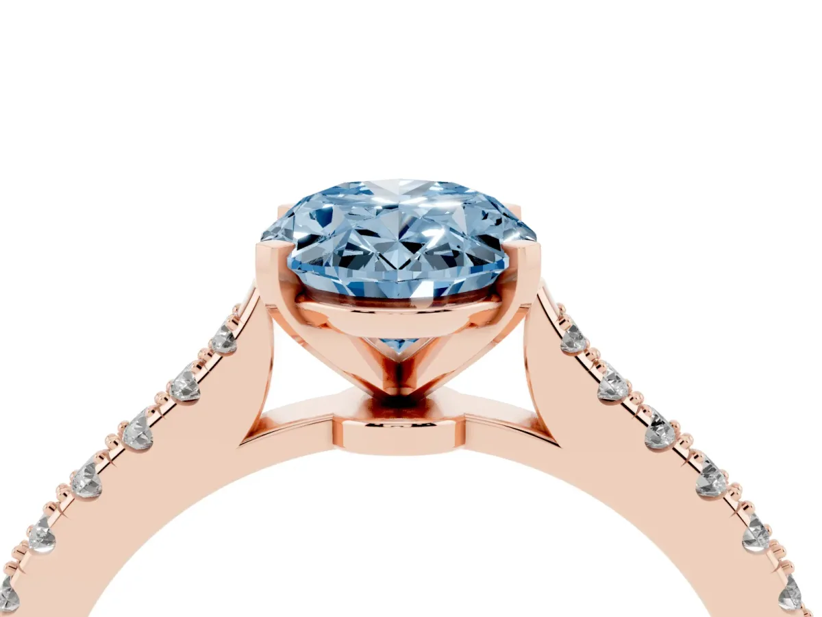 Fancy Blue Oval Cut Cut Solitaire Diamond Engagement Ring with Pave Band and Four-Prong Setting Rose gold
