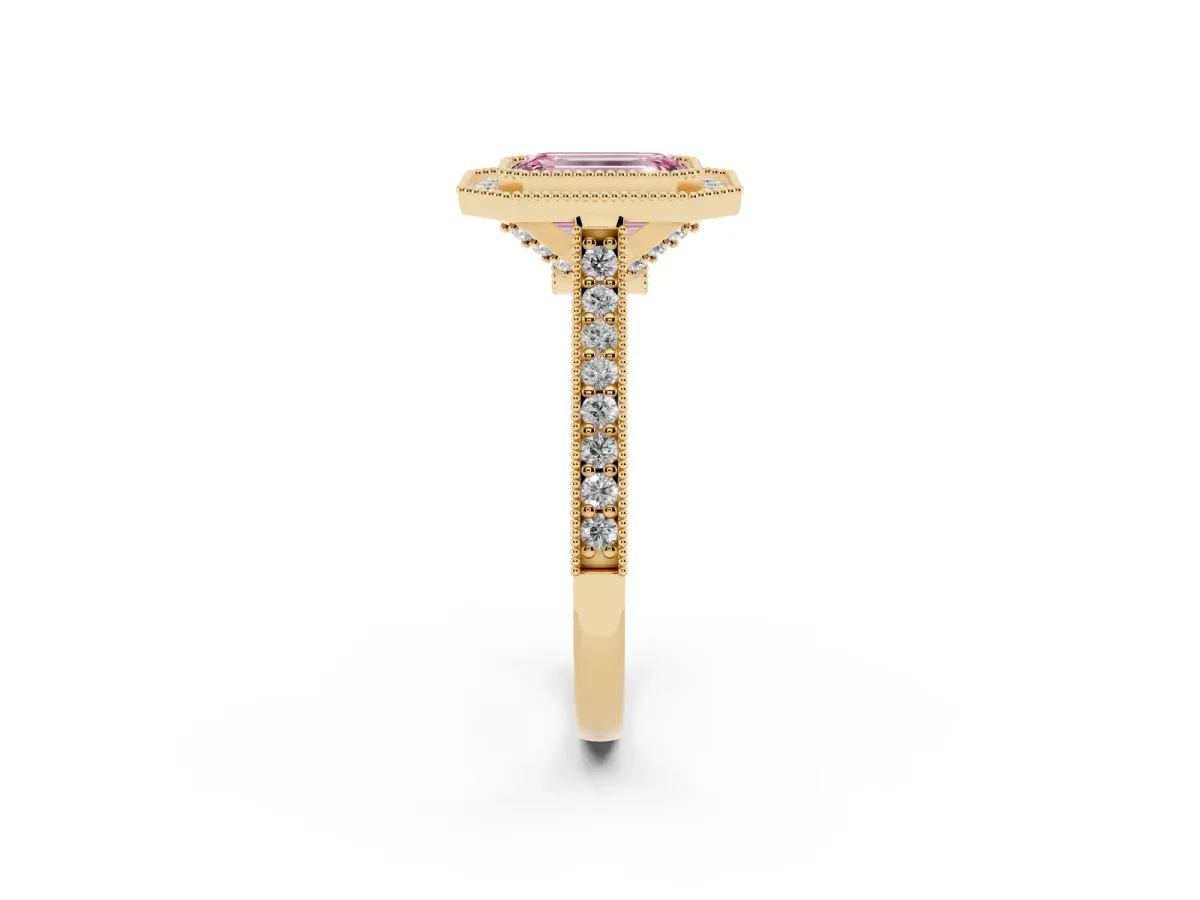 Fancy Pink Halo Emerald Cut-Cut Diamond Pave Band Milgrain Prong Setting Ring Yellow gold