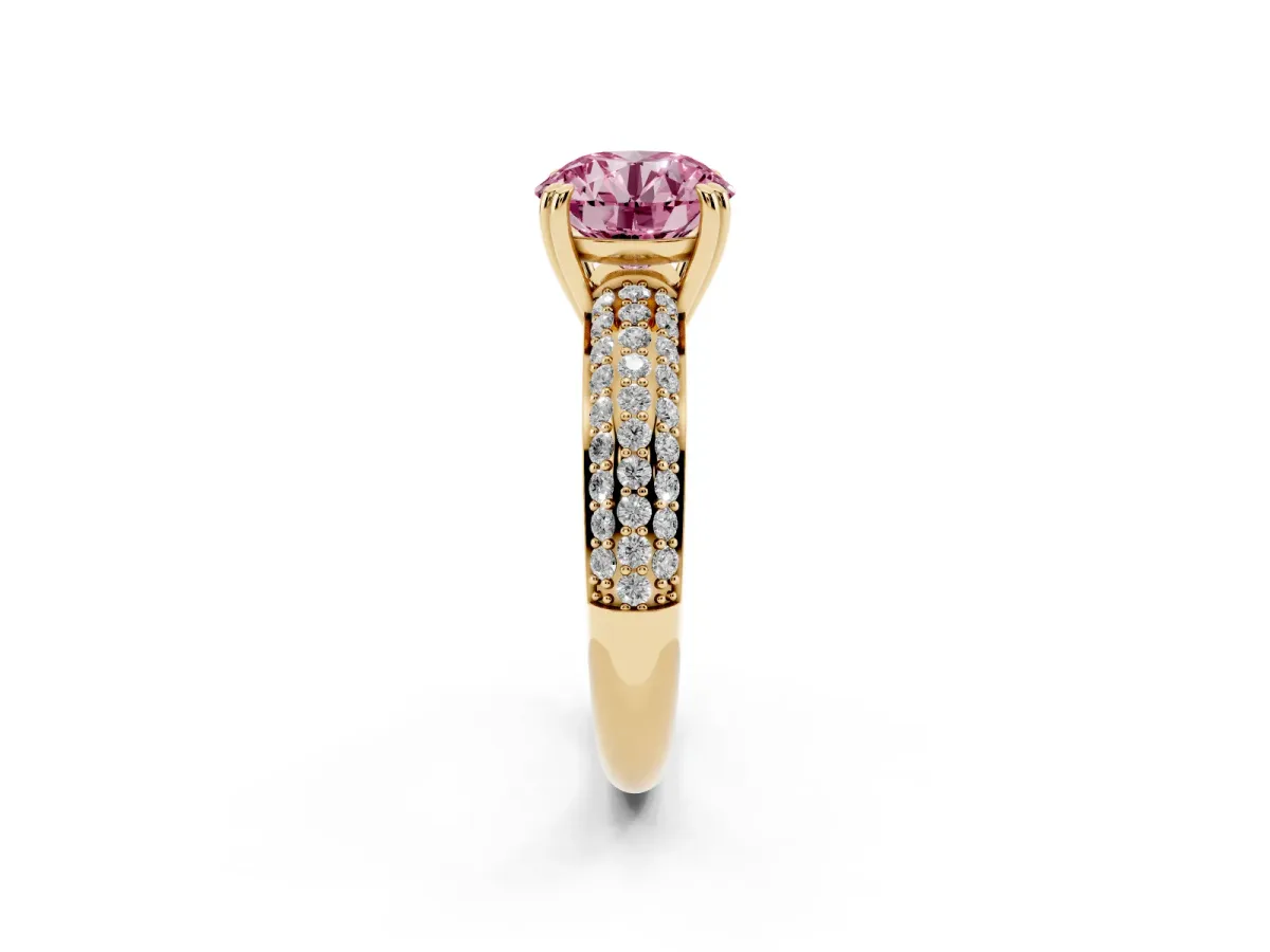 Fancy Pink Round Cut Diamond Solitaire Ring with Multi-Row Round Pavé Band and Prong Setting Yellow gold