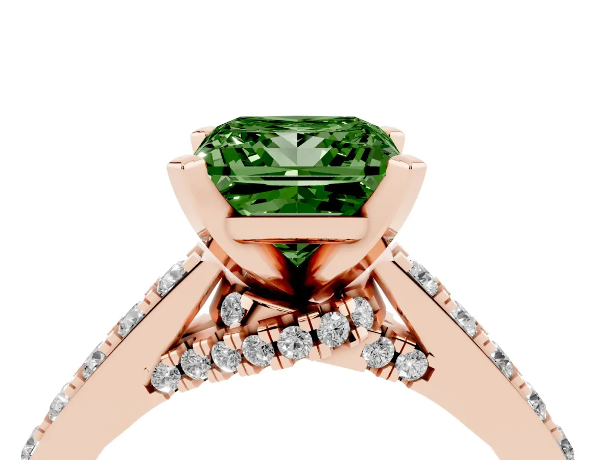 Fancy Green Princess Cut Diamond Solitaire Ring with Crossover Gallery and Round Pavé Band Rose gold