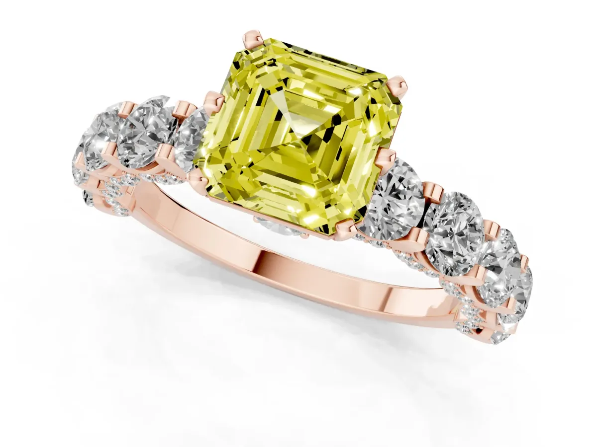 Fancy Yellow Asscher Cut Diamond Side Stone Engagement Ring with Four-Prong Setting Rose gold
