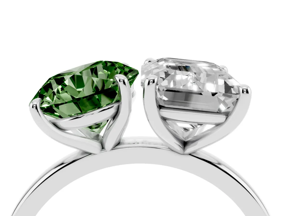 Fancy Green Round Cut and Emerald Cut Toi Moi Ring with Prong Setting Platinum