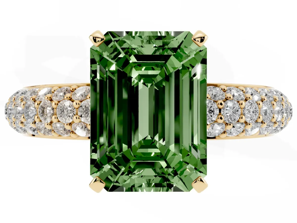 Fancy Green Emerald Cut Diamond Solitaire Ring with Prong Setting and Pavé Band Yellow gold