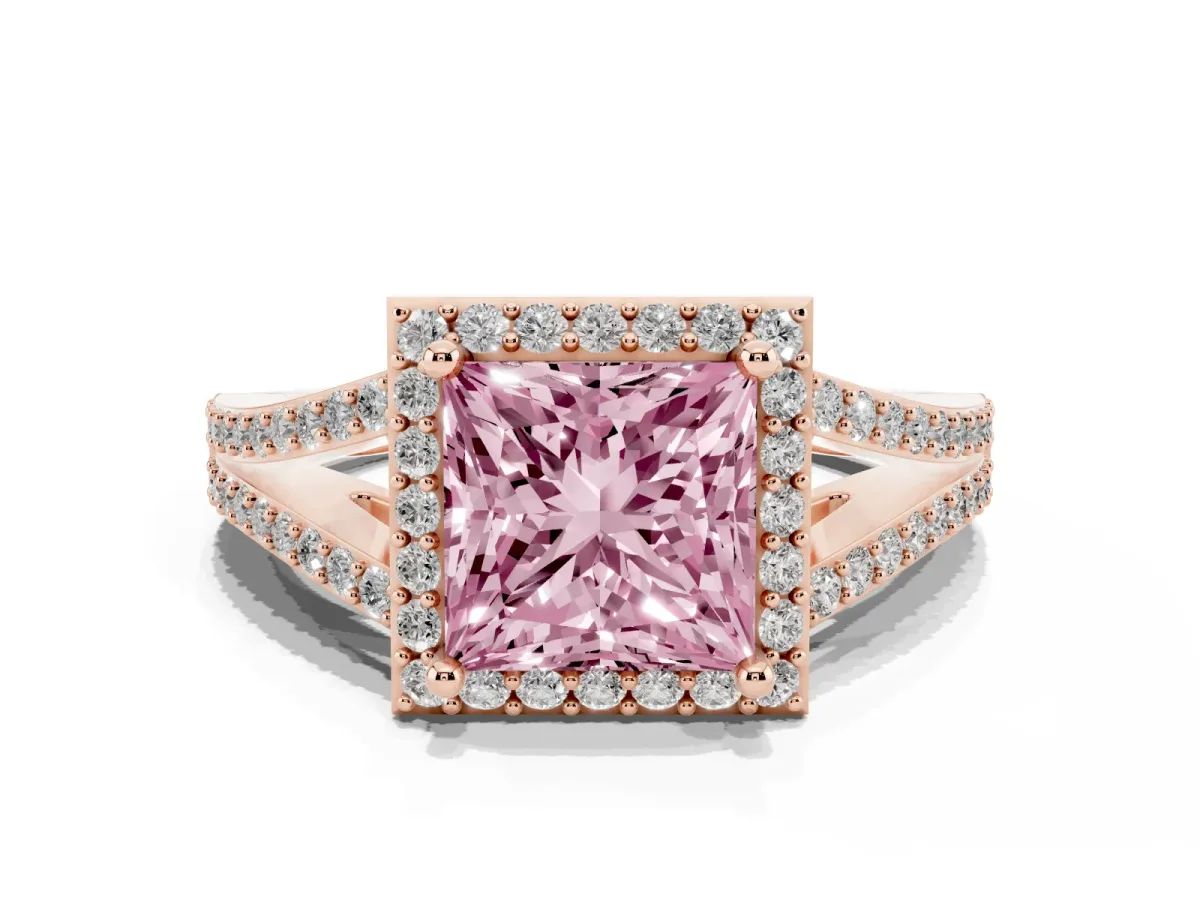 Fancy Pink Princess Cut Halo Split Shank Pave Diamond Ring with Four-Prong Setting Rose gold