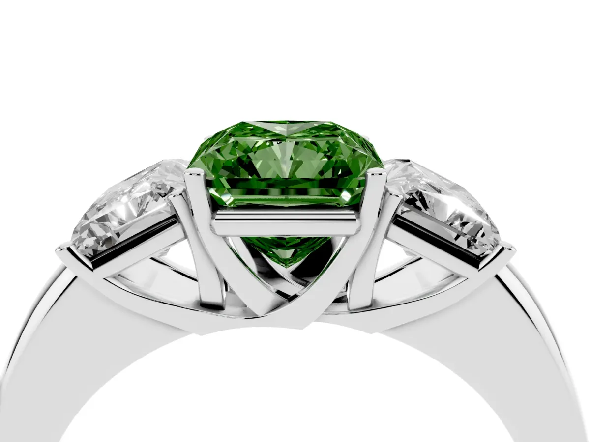 Fancy Green Radiant Cut Diamond Three-Stone Ring with Four-Prong Setting and Classic Band Silver