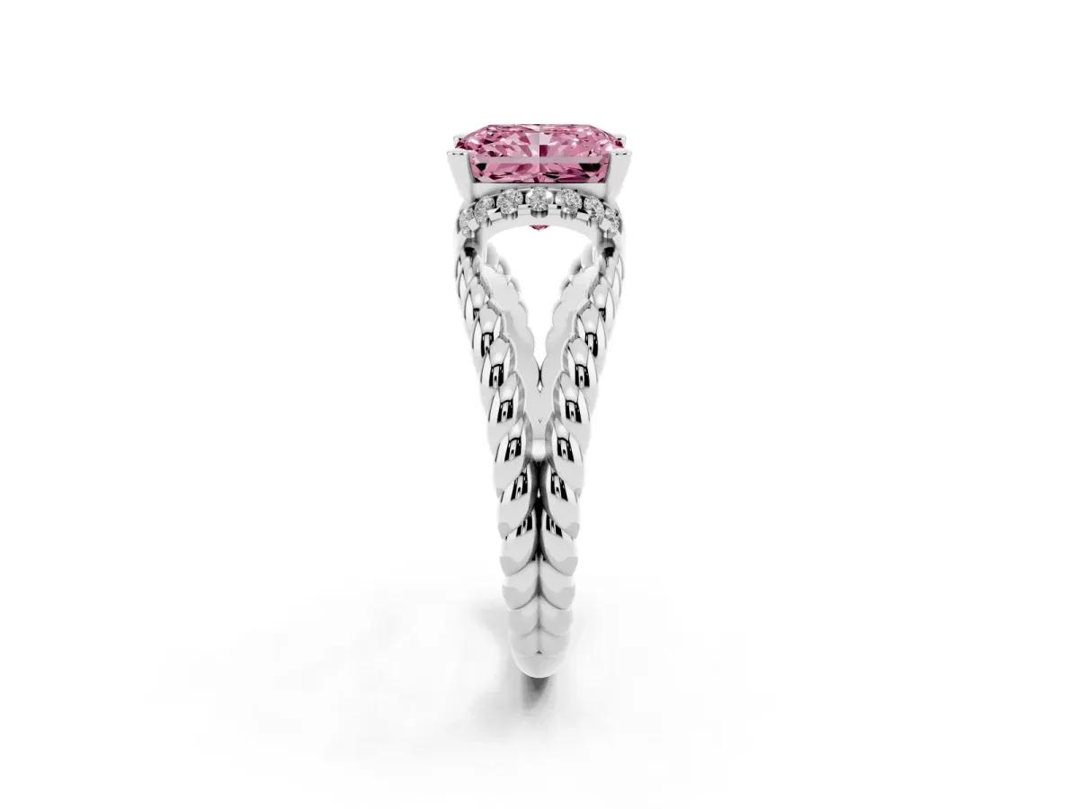 Fancy Pink Radiant Cut Halo Twisted Band Four-Prong Ring Silver