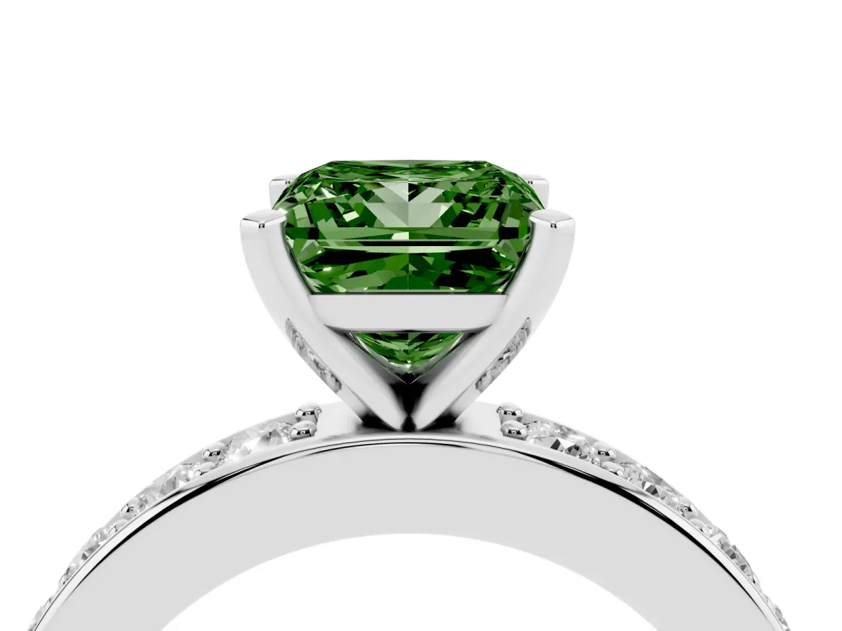 Fancy Green Princess Cut Diamond Engagement Ring with Channel Set Round Band and Prong Setting Platinum