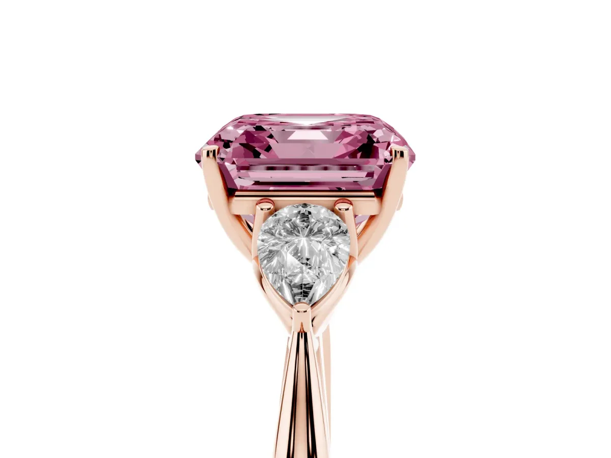 Fancy Pink Asscher Cut Diamond Three-Stone Ring with Pear Side Stones and Prong Setting Rose gold