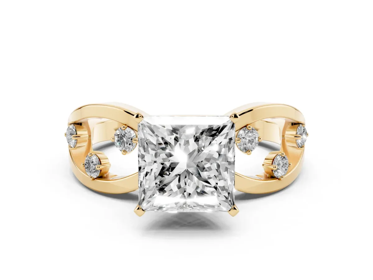 Princess Cut Cut Solitaire Diamond with Side Stones on Criss-Cross Band and Four-Prong Setting Yellow gold
