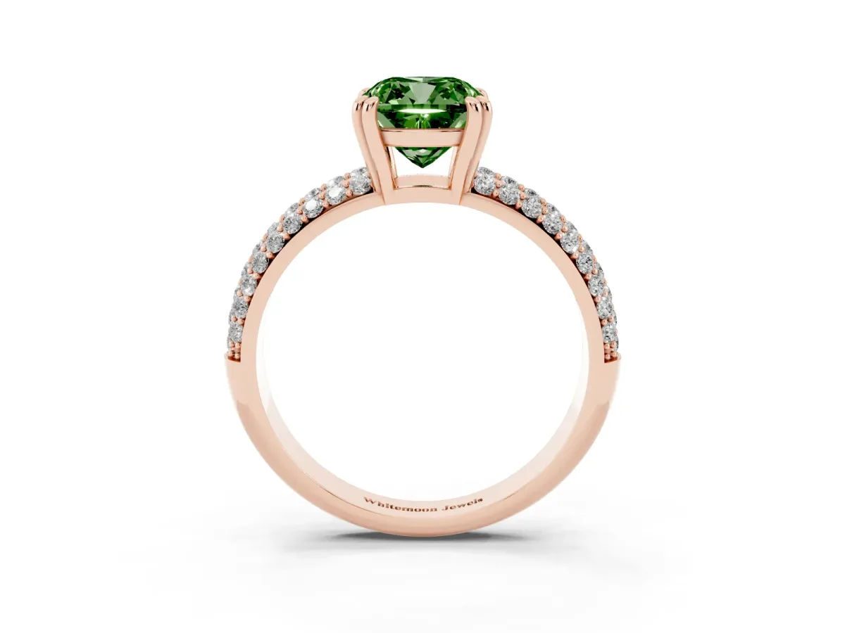 Fancy Green Cushion Cut Diamond Solitaire Ring with Multi-Row Round Pavé Band and Prong Setting Rose gold