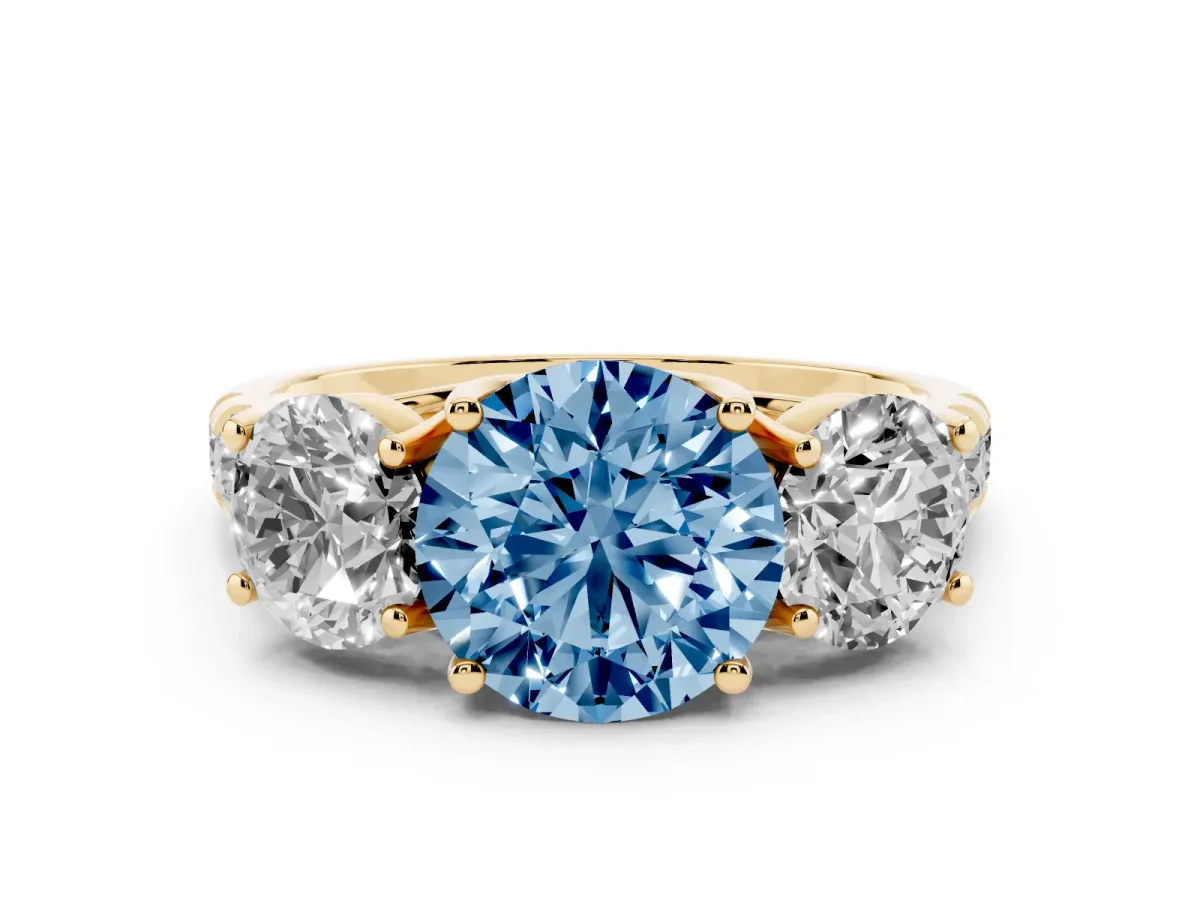 Fancy Blue Three-Stone Round Cut Diamond Pavé Band with Prong Setting Yellow gold