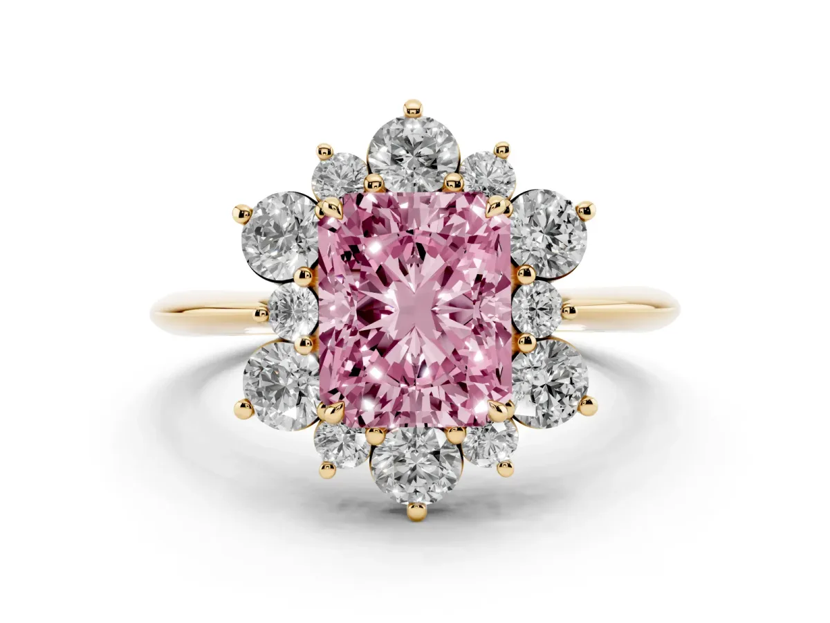 Fancy Pink Radiant Cut Diamond Cluster Halo Ring with Solitaire Band and Four-Prong Setting Yellow gold