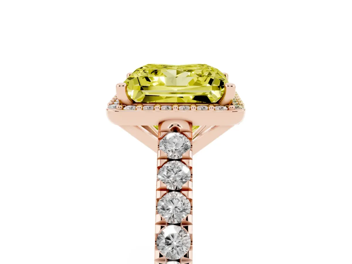 Fancy Yellow Princess Cut Cut Halo Diamond Engagement Ring with Pave Band and Four-Prong Setting Rose gold