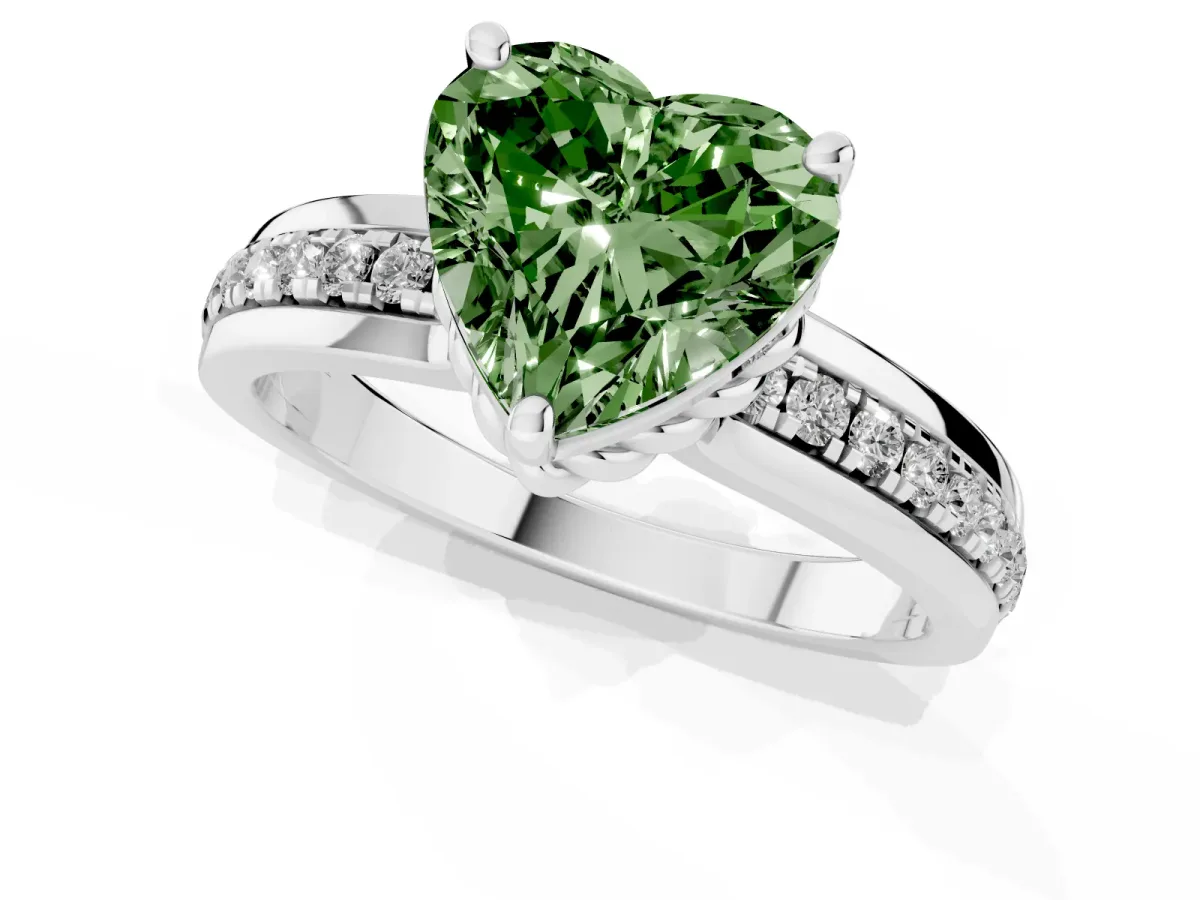 Fancy Green Heart Cut Solitaire Diamond Ring with Channel Set Band and Six-Prong Setting Silver
