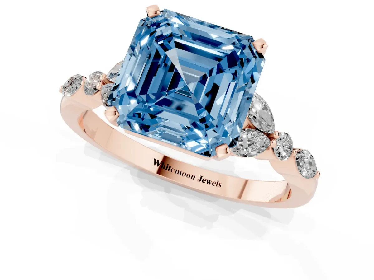 Fancy Blue Asscher Cut Diamond Solitaire Ring with Side Stones and Four-Prong Setting Rose gold